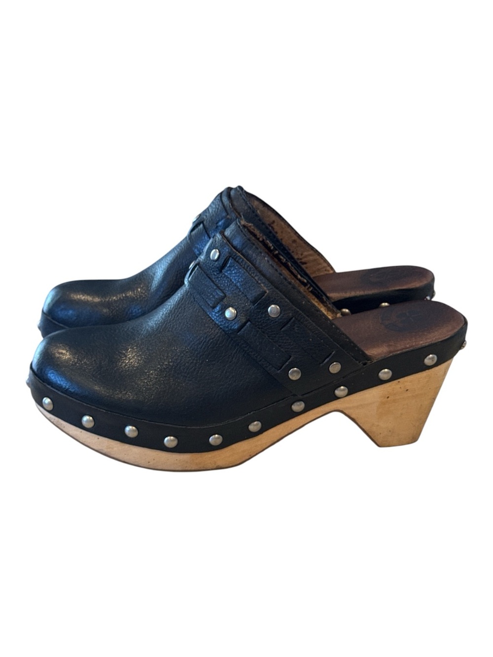 Lucky Brand Women’s 8 Black Leather Studded Wood Heel Clogs Mules Boho
